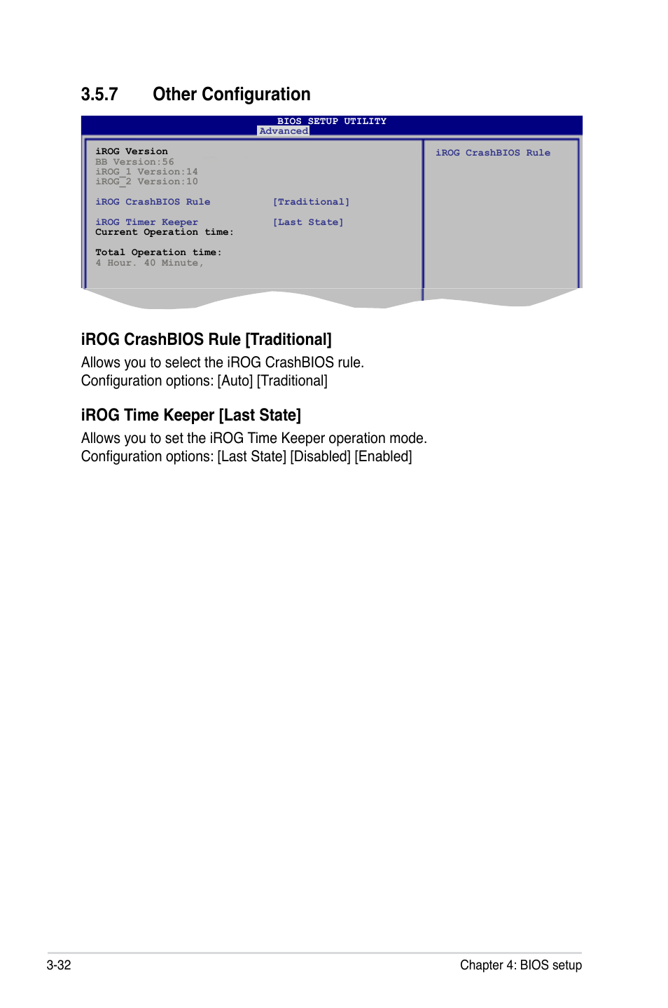 7 other configuration, Other configuration -32, Irog crashbios rule [traditional | Irog time keeper [last state | Asus Maximus II Formula User Manual | Page 100 / 174