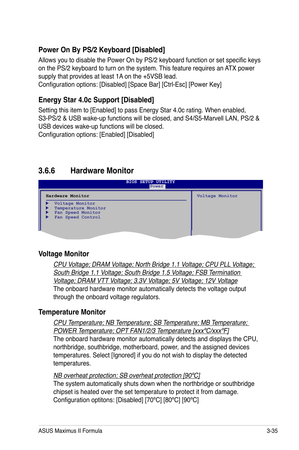 6 hardware monitor, Hardware monitor -35, Power on by ps/2 keyboard [disabled | Energy star 4.0c support [disabled, Voltage monitor, Temperature monitor | Asus Maximus II Formula User Manual | Page 103 / 174
