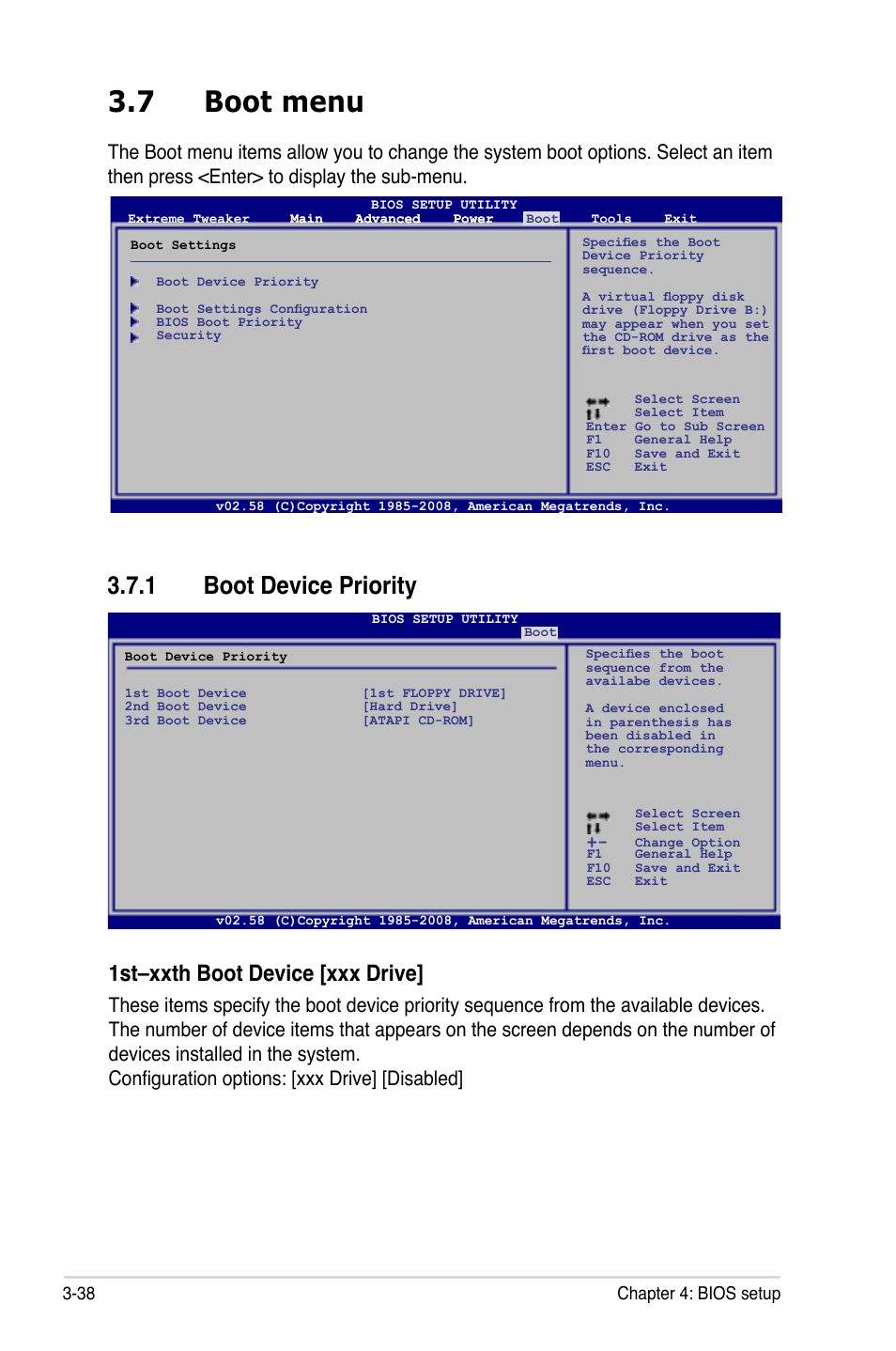 7 boot menu, 1 boot device priority, Boot menu -38 3.7.1 | Boot device priority -38, 1st–xxth boot device [xxx drive | Asus Maximus II Formula User Manual | Page 106 / 174