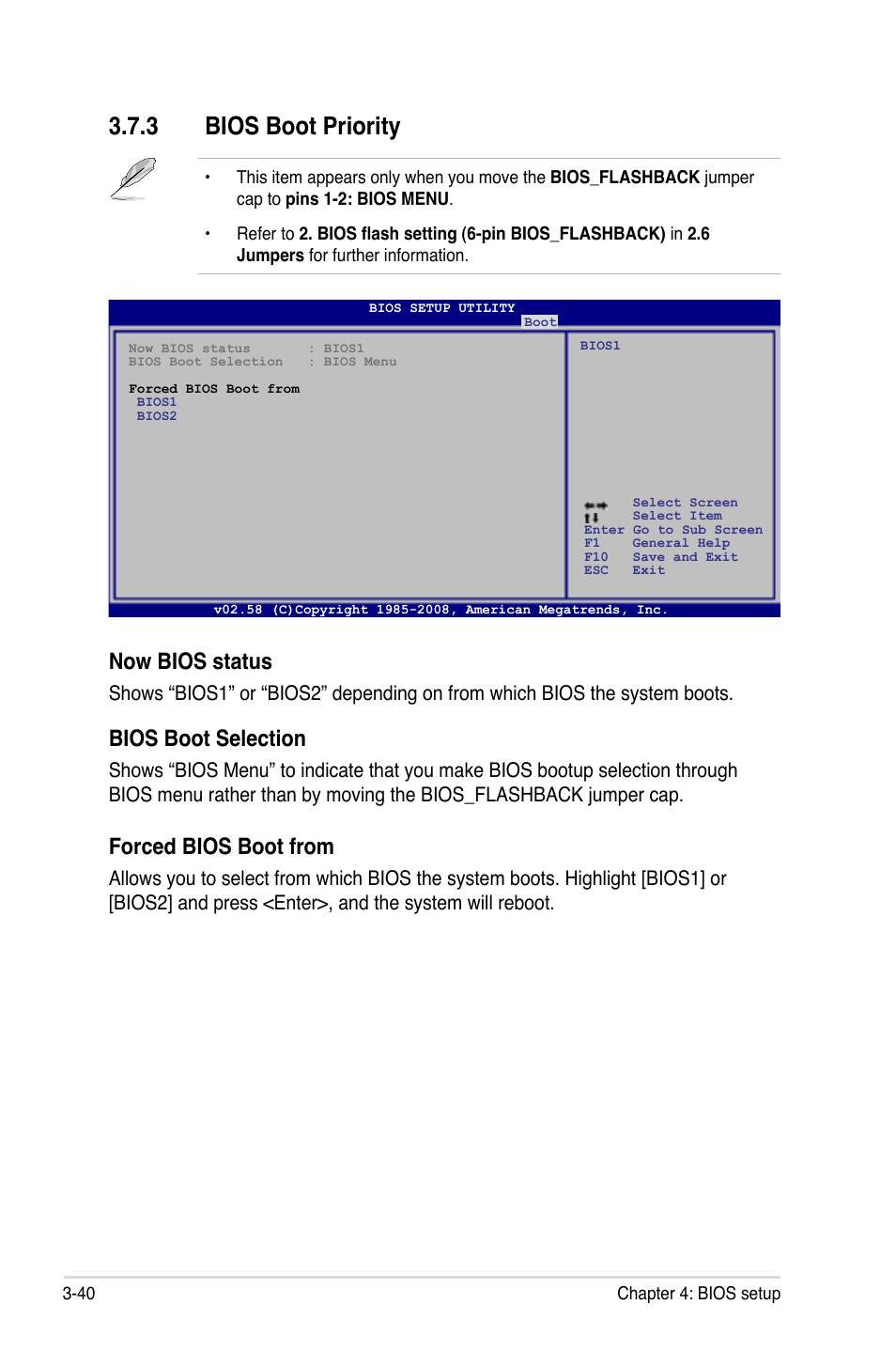 3 bios boot priority, Bios boot priority -40, Now bios status | Bios boot selection, Forced bios boot from | Asus Maximus II Formula User Manual | Page 108 / 174