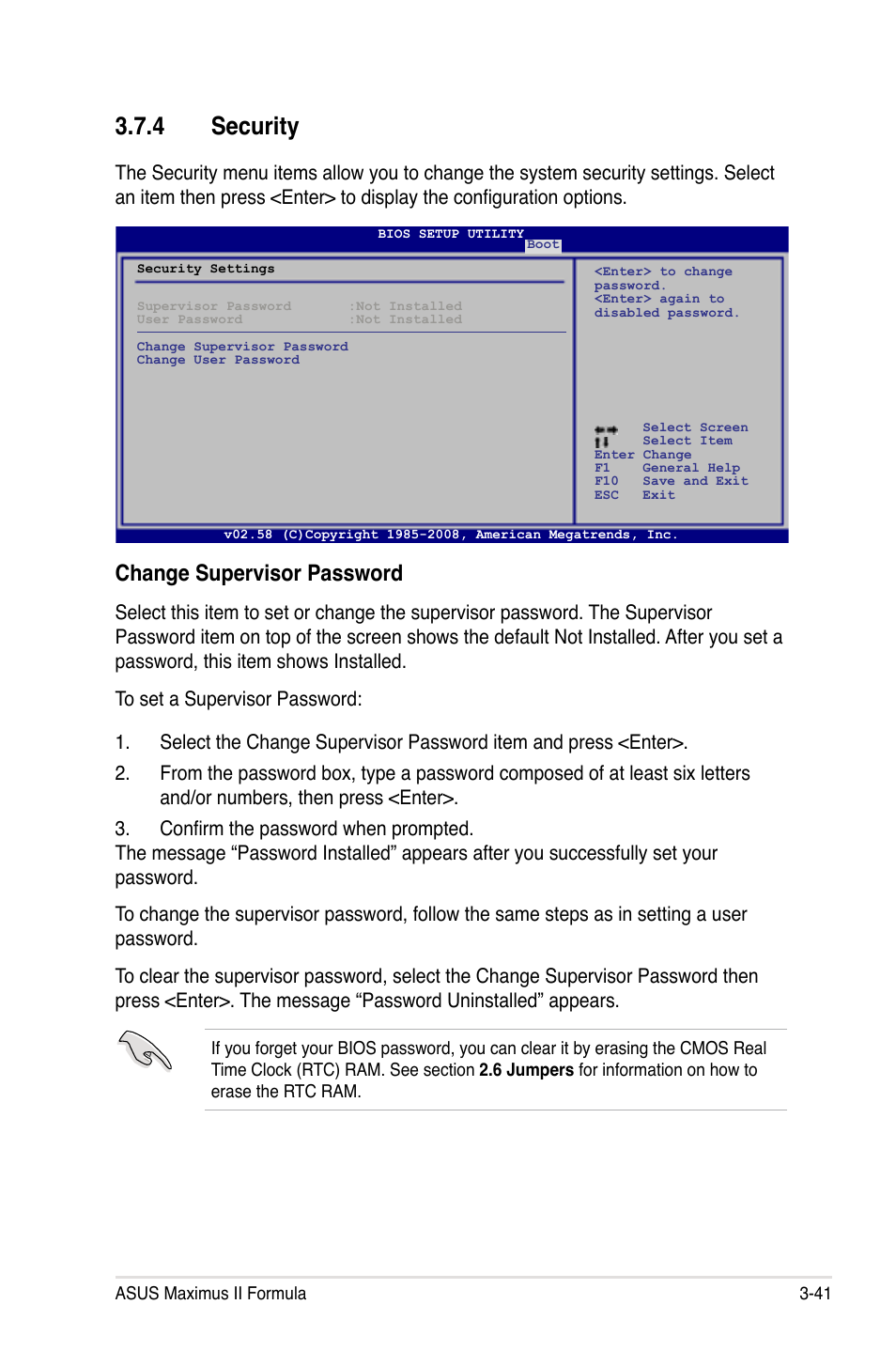 4 security, Security -41, Change supervisor password | Asus Maximus II Formula User Manual | Page 109 / 174