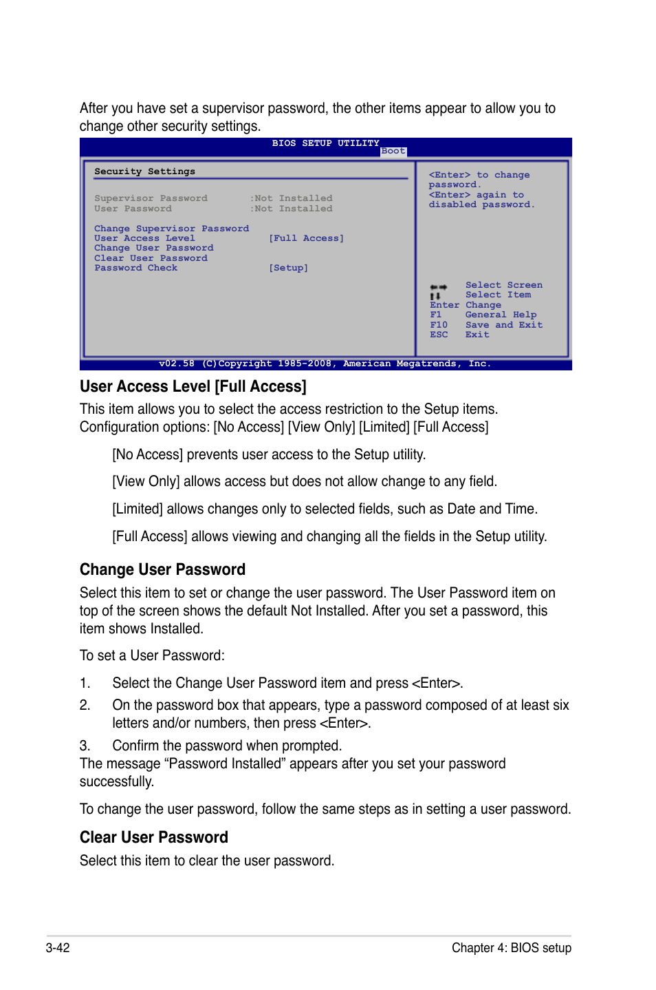 User access level [full access, Change user password, Clear user password | Select this item to clear the user password | Asus Maximus II Formula User Manual | Page 110 / 174