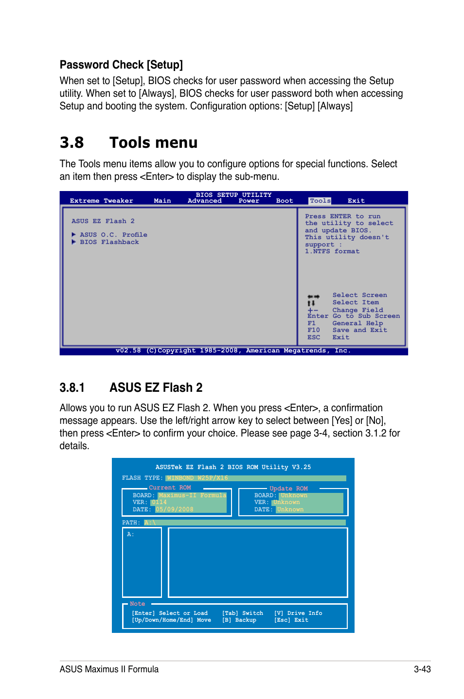 8 tools menu, 1 asus ez flash 2, Tools menu -43 3.8.1 | Asus ez flash 2 -43, Password check [setup | Asus Maximus II Formula User Manual | Page 111 / 174
