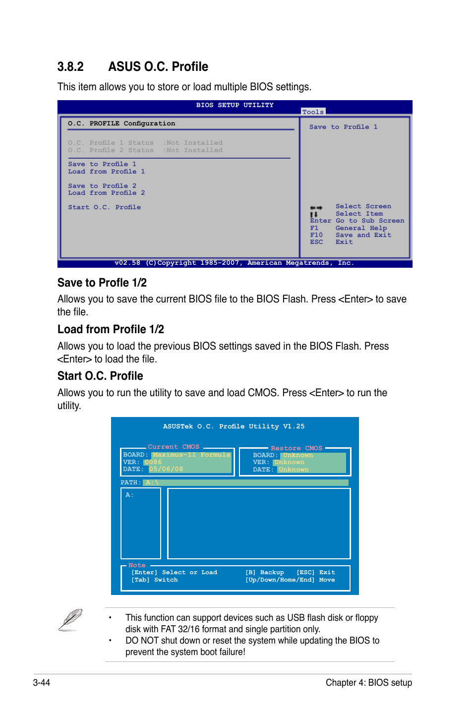 2 asus o.c. profile, Asus o.c. profile -44, Save to profle 1/2 | Load from profile 1/2, Start o.c. profile | Asus Maximus II Formula User Manual | Page 112 / 174