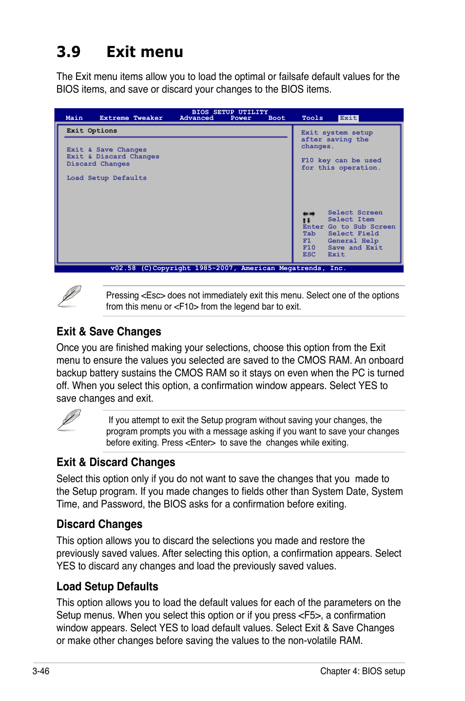 9 exit menu, Exit menu -46, Exit & save changes | Exit & discard changes, Discard changes, Load setup defaults | Asus Maximus II Formula User Manual | Page 114 / 174