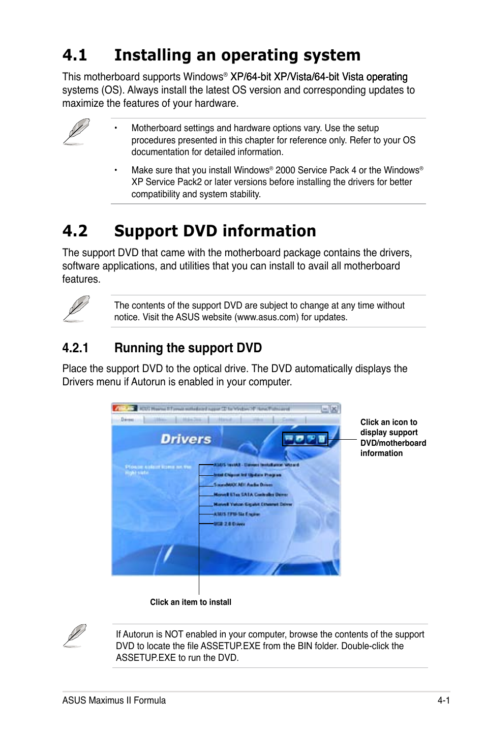 1 installing an operating system, 2 support dvd information, 1 running the support dvd | Installing an operating system -1, Support dvd information -1 4.2.1, Running the support dvd -1 | Asus Maximus II Formula User Manual | Page 117 / 174