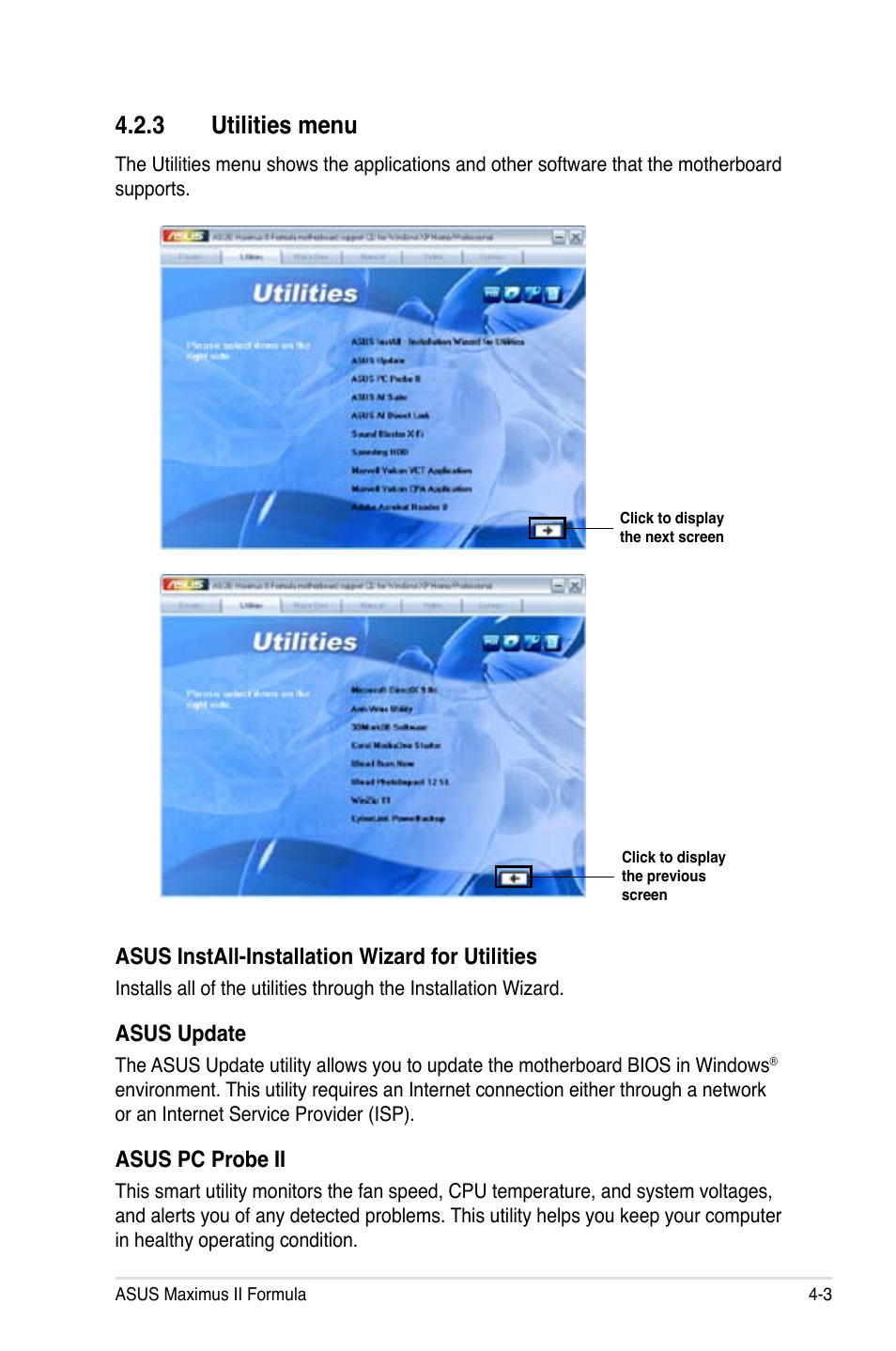 3 utilities menu, Utilities menu -3, Asus install-installation wizard for utilities | Asus update, Asus pc probe ii | Asus Maximus II Formula User Manual | Page 119 / 174