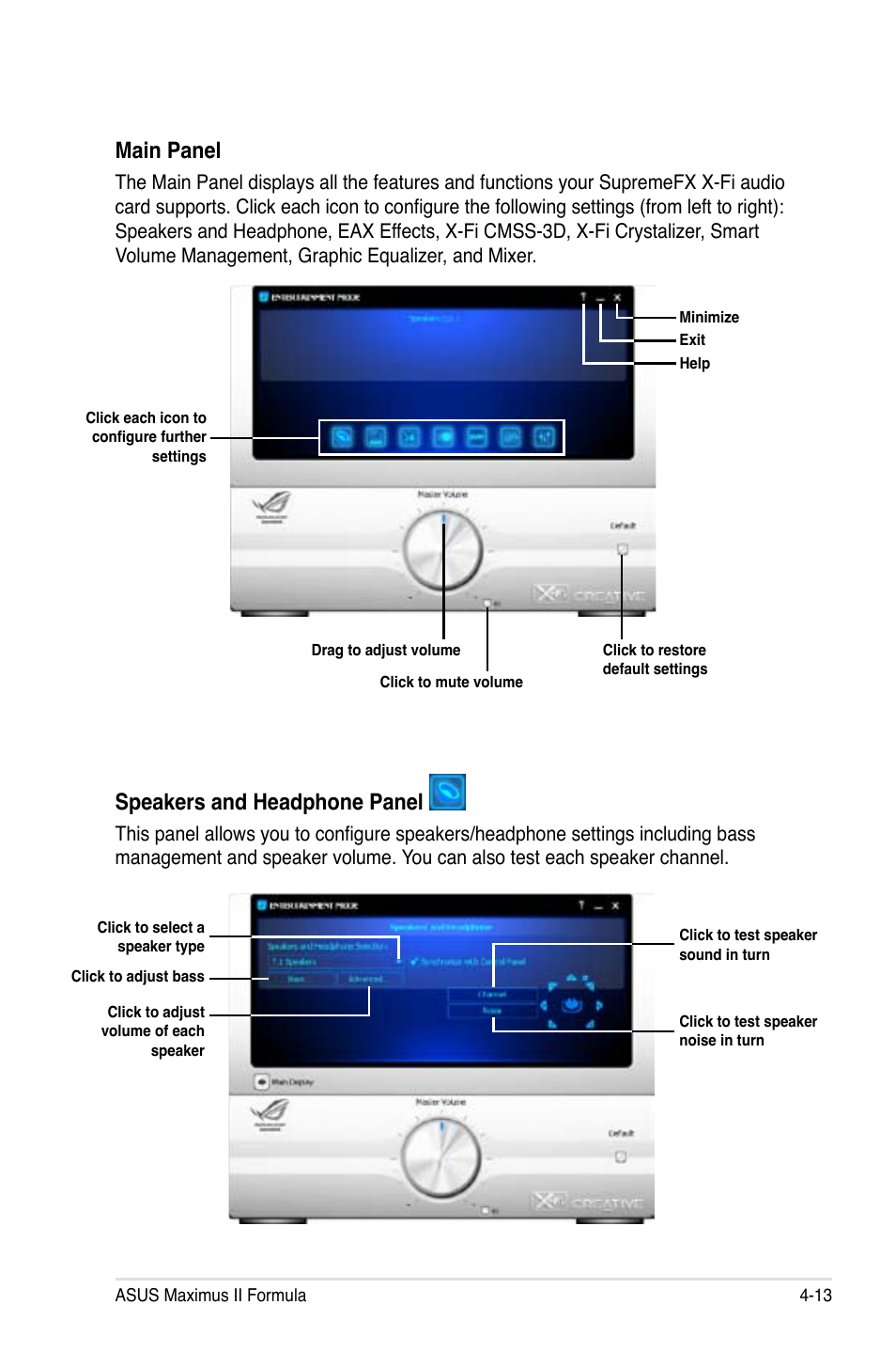 Main panel, Speakers and headphone panel | Asus Maximus II Formula User Manual | Page 129 / 174