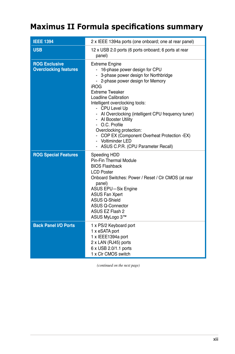 Maximus ii formula specifications summary | Asus Maximus II Formula User Manual | Page 13 / 174