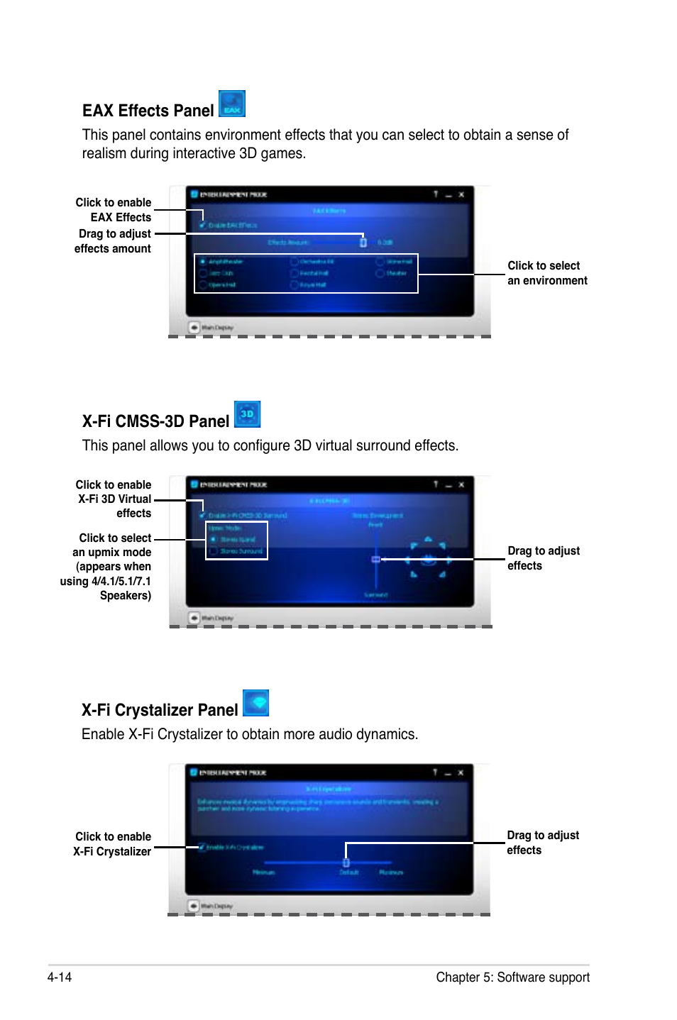 Eax effects panel, X-fi cmss-3d panel, X-fi crystalizer panel | Asus Maximus II Formula User Manual | Page 130 / 174