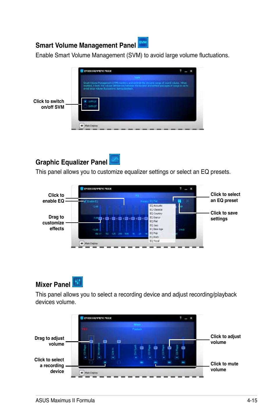 Smart volume management panel, Graphic equalizer panel, Mixer panel | Asus Maximus II Formula User Manual | Page 131 / 174