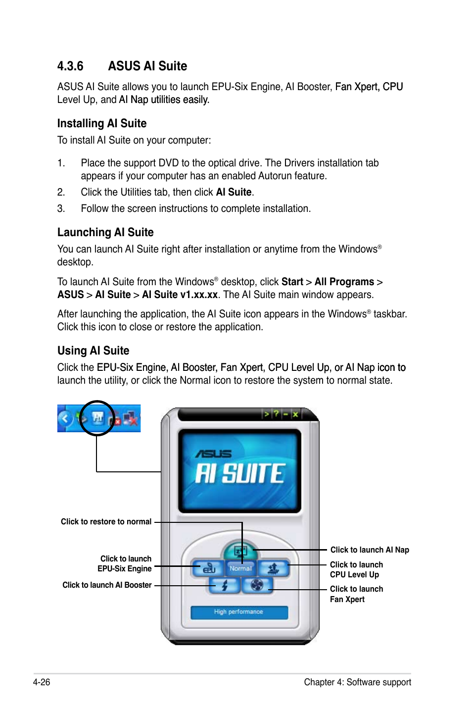6 asus ai suite, 6 asus ai suite -26, Installing ai suite | Launching ai suite, Using ai suite | Asus Maximus II Formula User Manual | Page 142 / 174