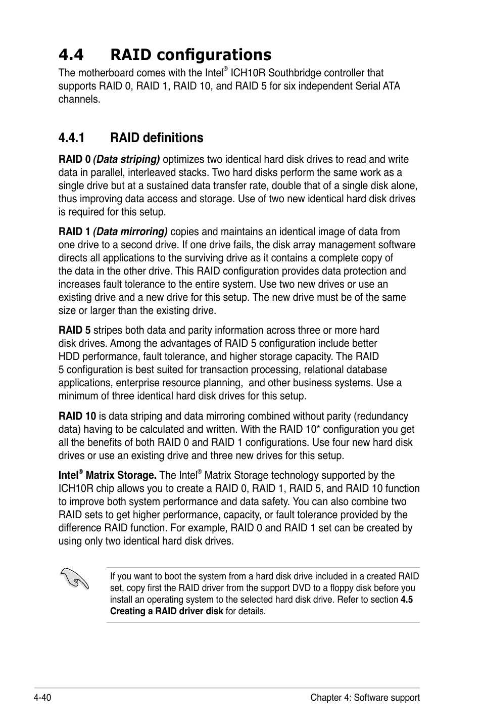 4 raid configurations, 1 raid definitions, Raid configurations -40 4.4.1 | Raid definitions -40 | Asus Maximus II Formula User Manual | Page 156 / 174