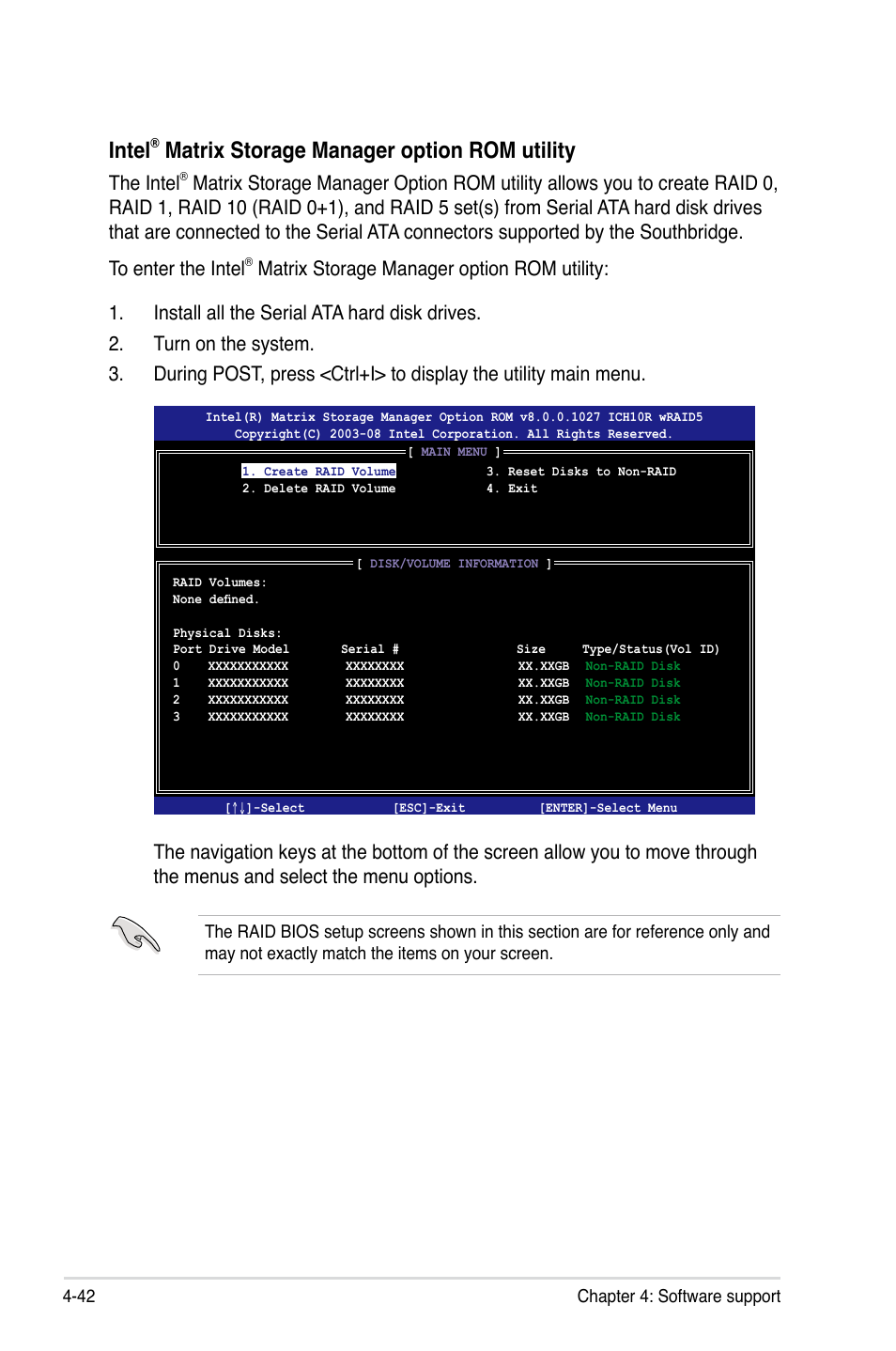 Intel, Matrix storage manager option rom utility, The intel | Asus Maximus II Formula User Manual | Page 158 / 174