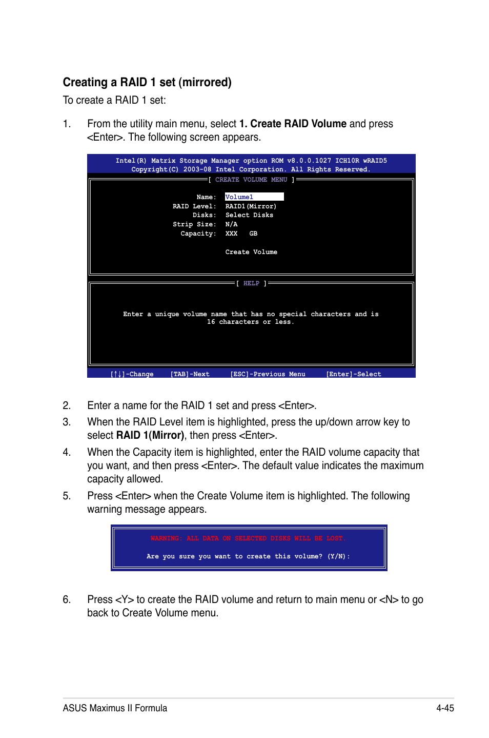 Creating a raid 1 set (mirrored) | Asus Maximus II Formula User Manual | Page 161 / 174