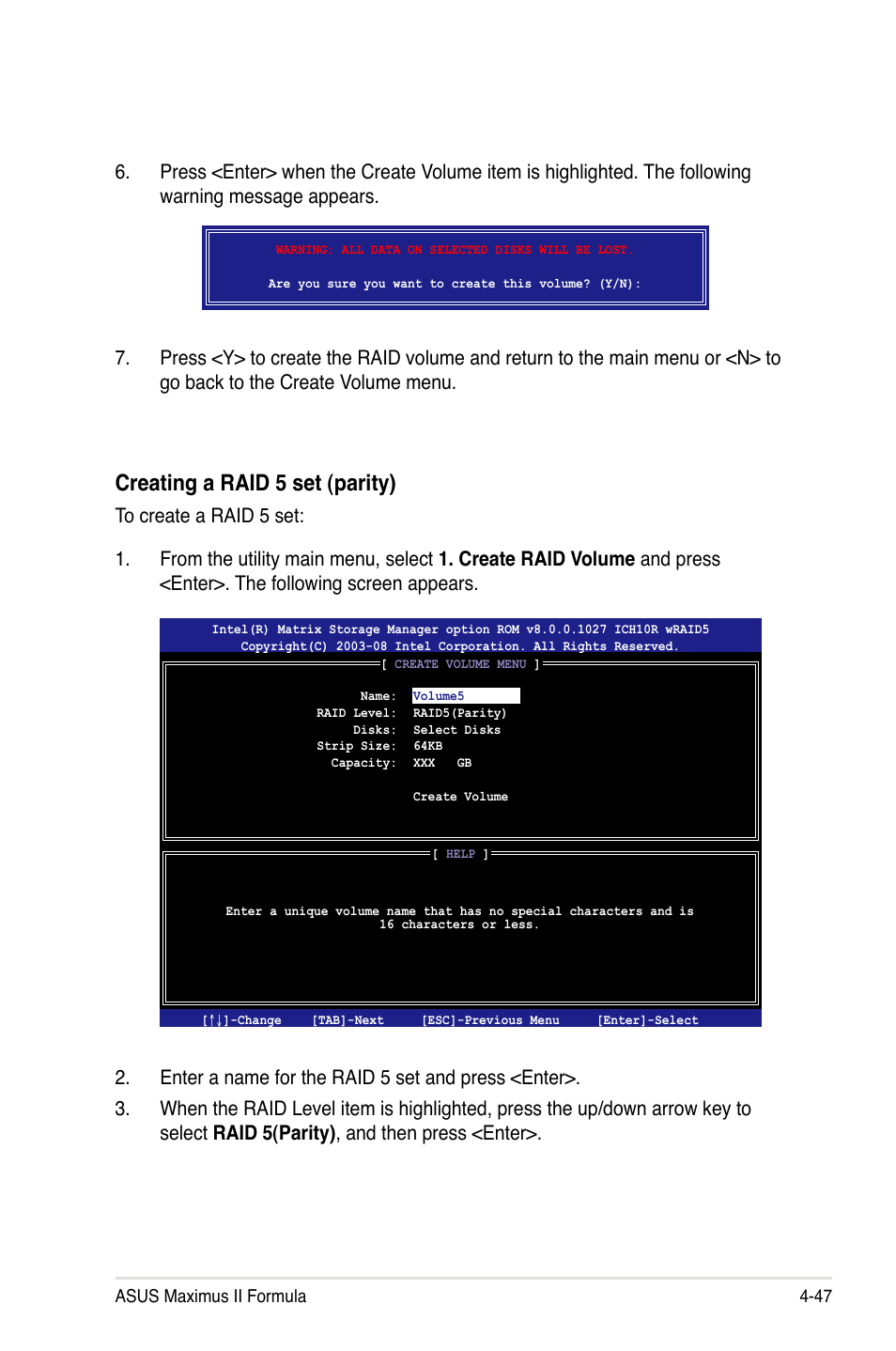 Creating a raid 5 set (parity) | Asus Maximus II Formula User Manual | Page 163 / 174