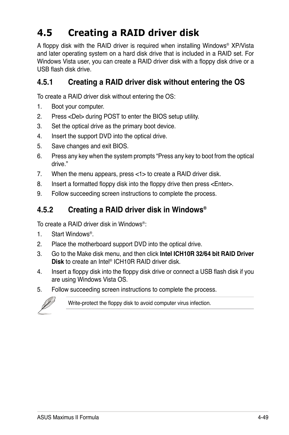 5 creating a raid driver disk, 2 creating a raid driver disk in windows, Creating a raid driver disk -49 4.5.1 | Creating a raid driver disk in windows | Asus Maximus II Formula User Manual | Page 165 / 174