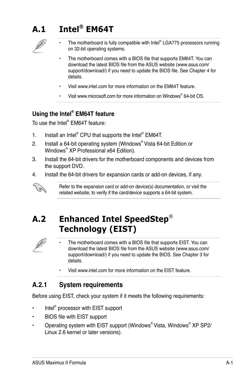 A.1 intel® em64t, A.2 enhanced intel speedstep® technology (eist), A.2.1 system requirements | Intel, Enhanced intel speedstep, Technology (eist) ........................a-1, A.1 intel, Em64t, A.2 enhanced intel speedstep, Technology (eist) | Asus Maximus II Formula User Manual | Page 169 / 174