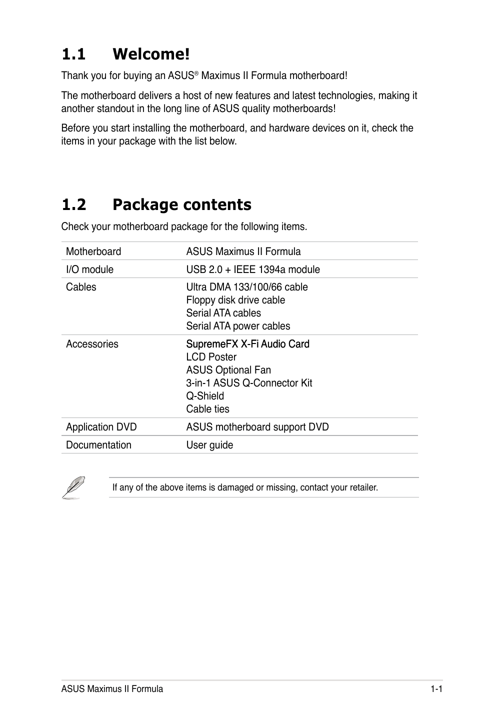 1 welcome, 2 package contents, Welcome! -1 | Package contents -1 | Asus Maximus II Formula User Manual | Page 17 / 174