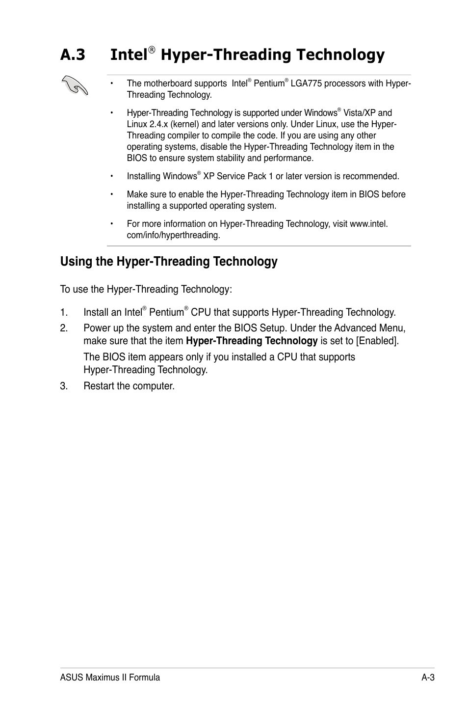 A.3 intel® hyper-threading technology, Using the hyper-threading technology, Intel | A.3 intel, Hyper-threading technology | Asus Maximus II Formula User Manual | Page 171 / 174