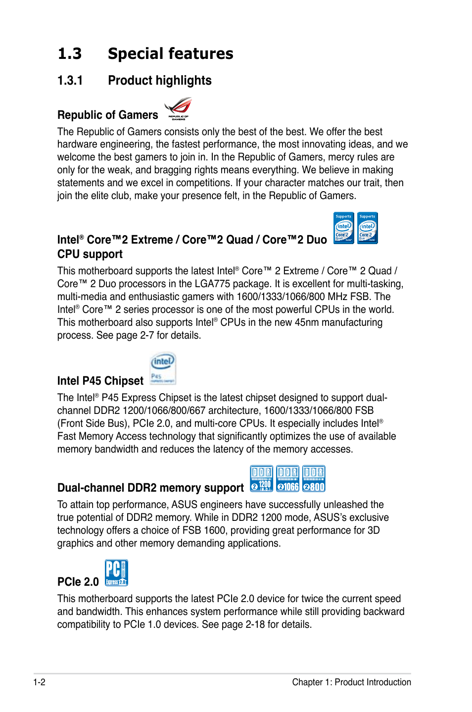 3 special features, 1 product highlights, Special features -2 1.3.1 | Product highlights -2 | Asus Maximus II Formula User Manual | Page 18 / 174