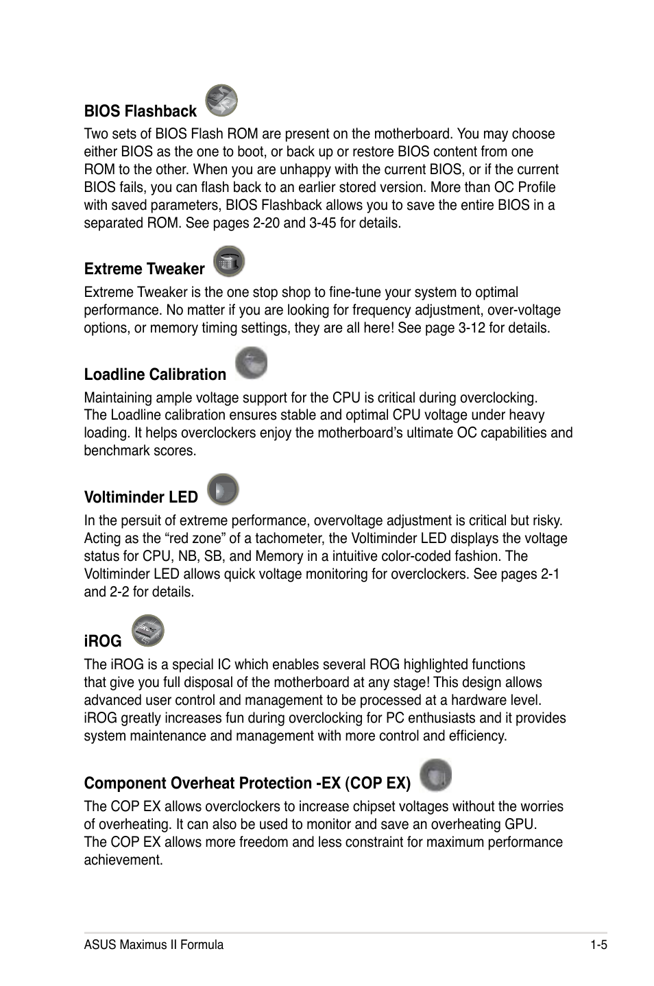 Bios flashback, Extreme tweaker, Loadline calibration | Voltiminder led, Irog, Component overheat protection -ex (cop ex) | Asus Maximus II Formula User Manual | Page 21 / 174