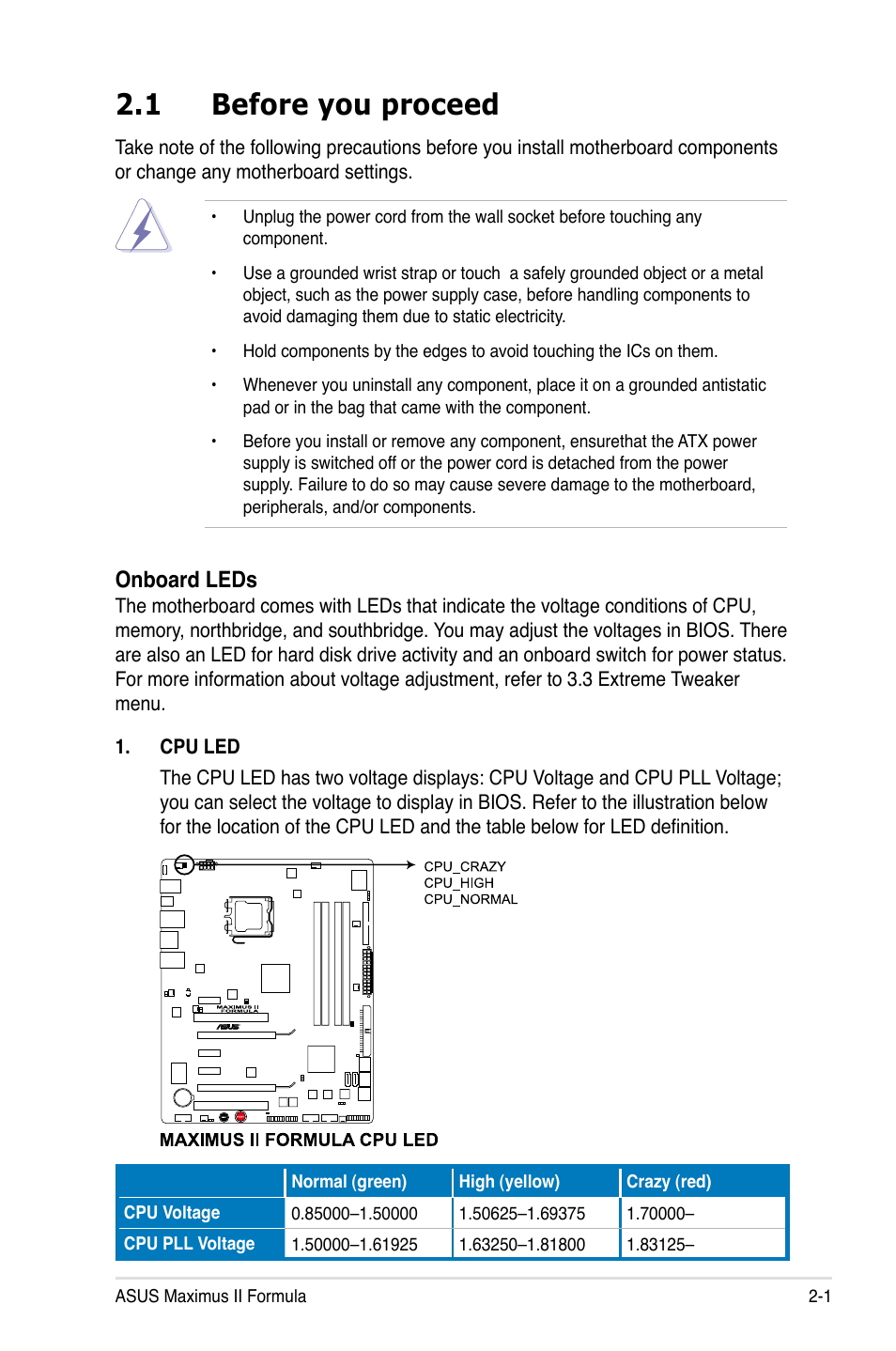 1 before you proceed, Before you proceed -1, Onboard leds | Asus Maximus II Formula User Manual | Page 27 / 174