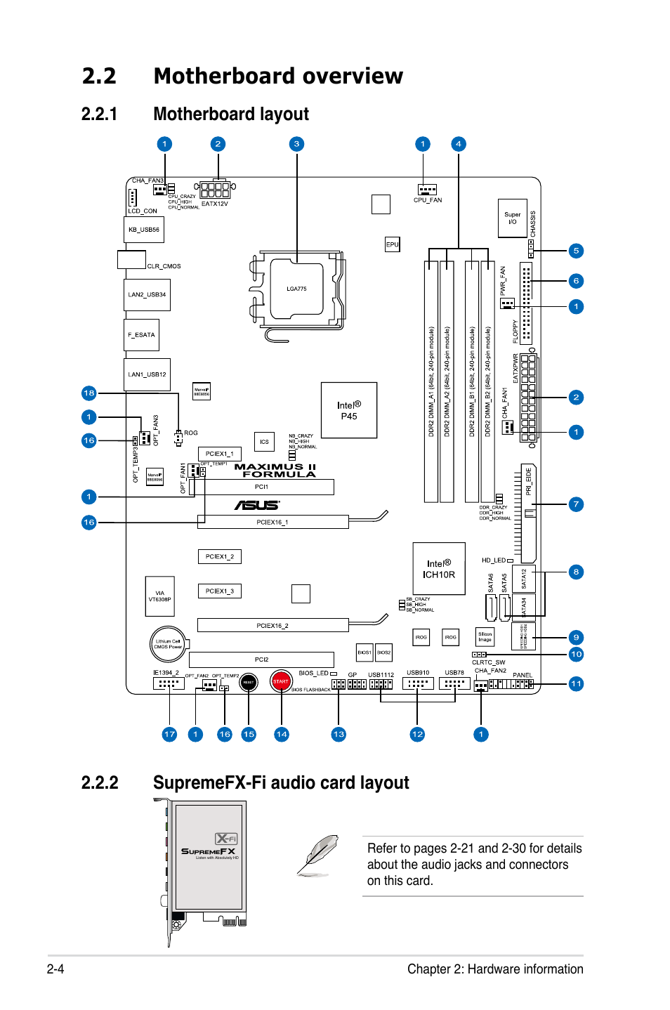 2 motherboard overview, 1 motherboard layout, 2 supremefx-fi audio card layout | Motherboard overview -4 2.2.1, Motherboard layout -4, Supremefx-fi audio card layout -4 | Asus Maximus II Formula User Manual | Page 30 / 174