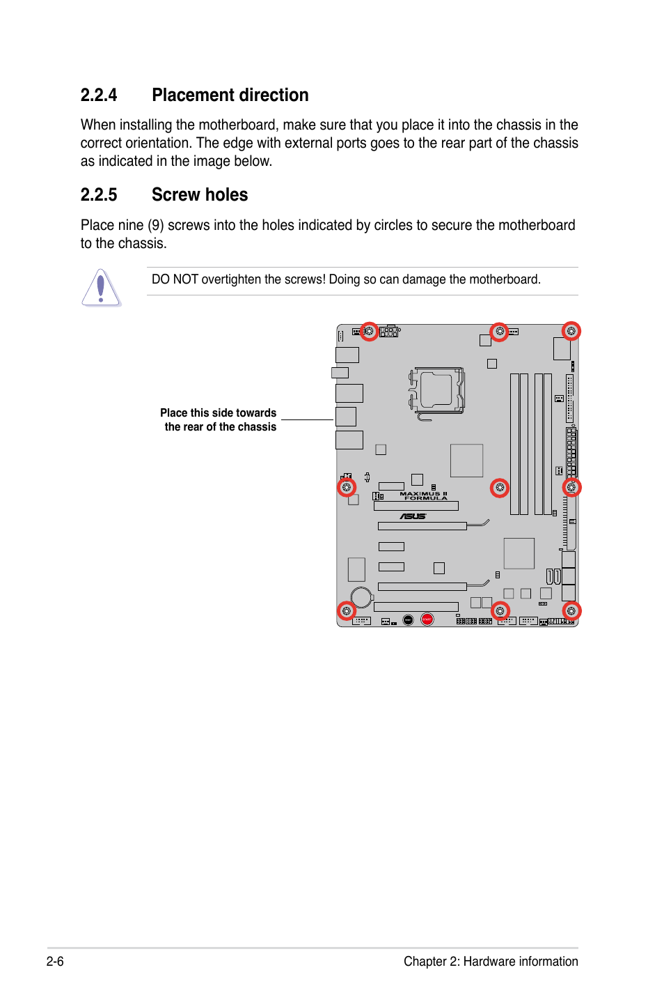 4 placement direction, 5 screw holes, Placement direction -6 | Screw holes -6 | Asus Maximus II Formula User Manual | Page 32 / 174