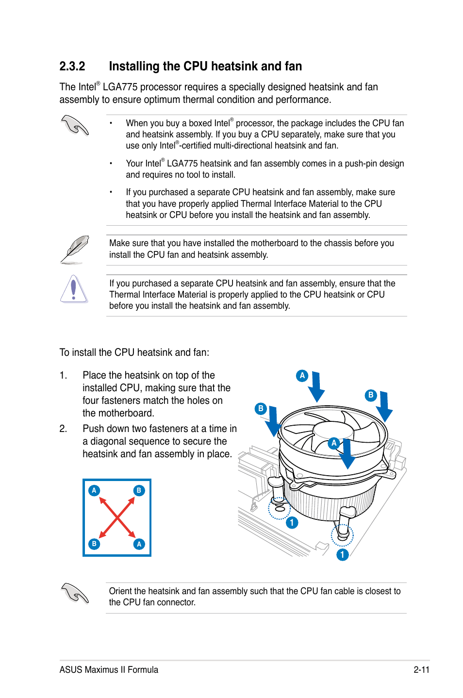 2 installing the cpu heatsink and fan, Installing the cpu heatsink and fan -11 | Asus Maximus II Formula User Manual | Page 37 / 174