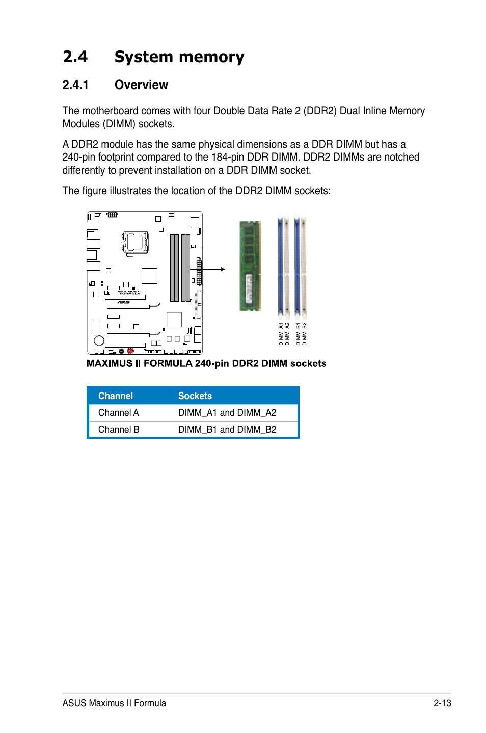 4 system memory, 1 overview, System memory -13 2.4.1 | Overview -13 | Asus Maximus II Formula User Manual | Page 39 / 174