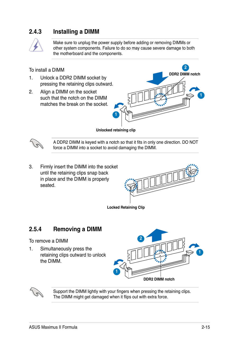 3 installing a dimm, 4 removing a dimm, Installing a dimm -15 | Removing a dimm -15 | Asus Maximus II Formula User Manual | Page 41 / 174