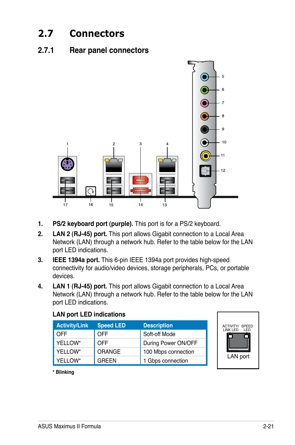 7 connectors, 1 rear panel connectors, Connectors -21 2.7.1 | Rear panel connectors -21 | Asus Maximus II Formula User Manual | Page 47 / 174