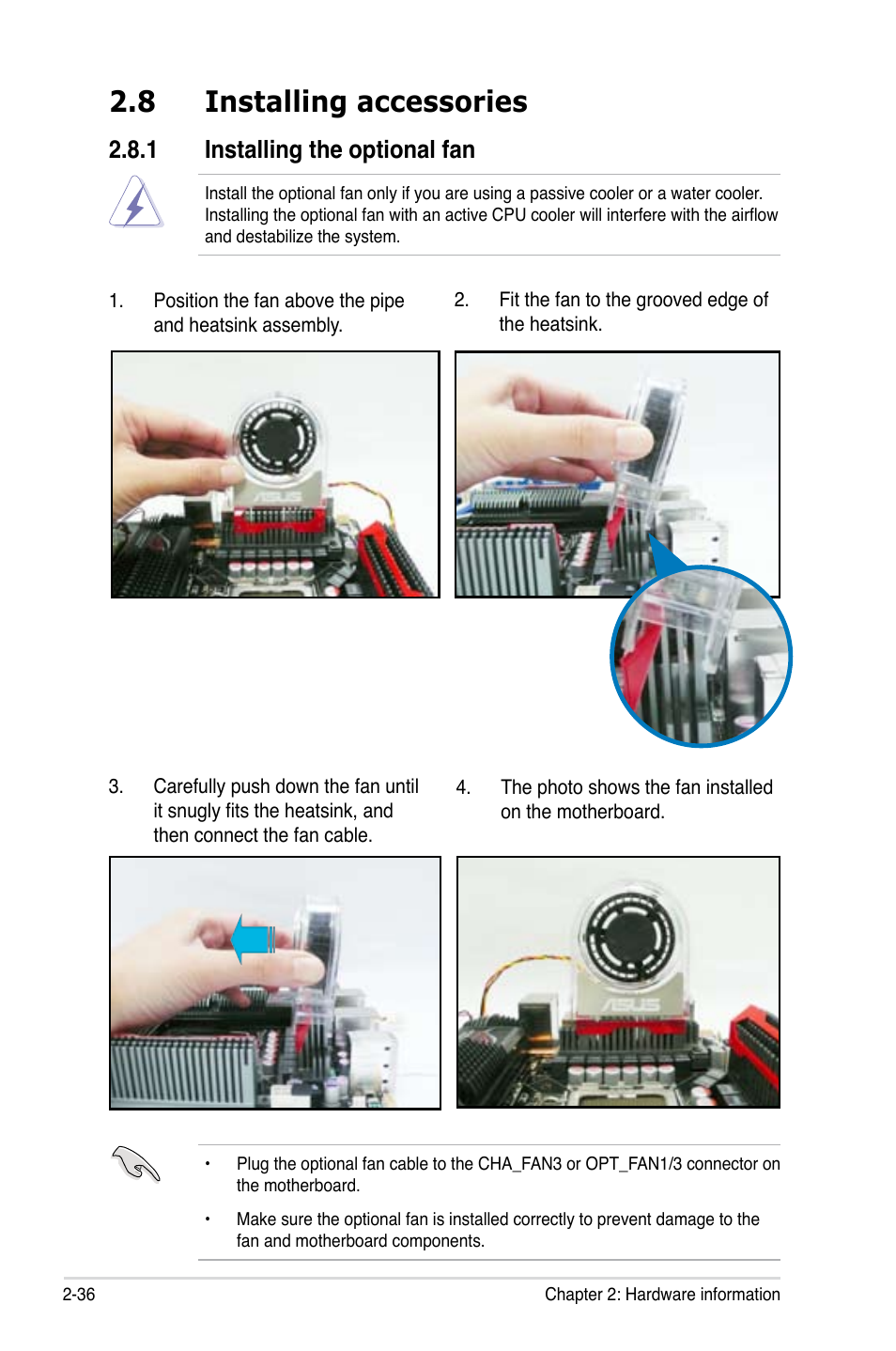 8 installing accessories, 1 installing the optional fan, Installing accessories -36 2.8.1 | Installing the optional fan -36 | Asus Maximus II Formula User Manual | Page 62 / 174