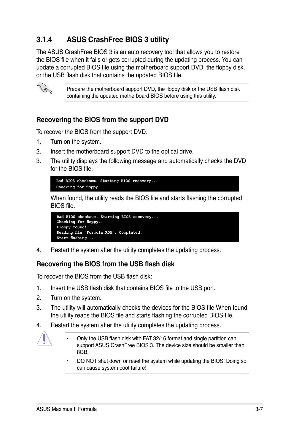 4 asus crashfree bios 3 utility, Asus crashfree bios 3 utility -7, Recovering the bios from the support dvd | Recovering the bios from the usb flash disk | Asus Maximus II Formula User Manual | Page 75 / 174