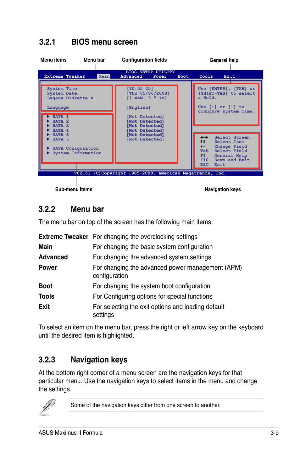 1 bios menu screen, 2 menu bar, 3 navigation keys | Bios menu screen -9, Menu bar -9, Navigation keys -9 | Asus Maximus II Formula User Manual | Page 77 / 174
