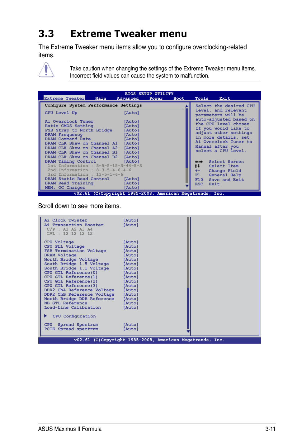 3 extreme tweaker menu, Extreme tweaker menu -11, Scroll down to see more items | Asus maximus ii formula 3-11 | Asus Maximus II Formula User Manual | Page 79 / 174