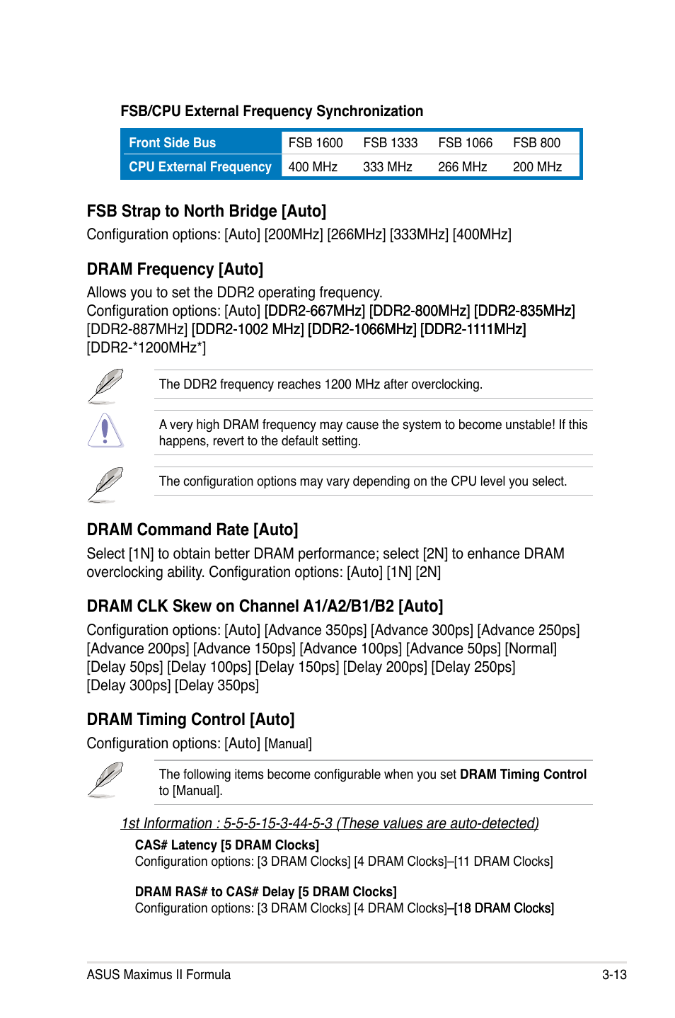 Fsb strap to north bridge [auto, Dram frequency [auto, Dram command rate [auto | Dram clk skew on channel a1/a2/b1/b2 [auto, Dram timing control [auto | Asus Maximus II Formula User Manual | Page 81 / 174