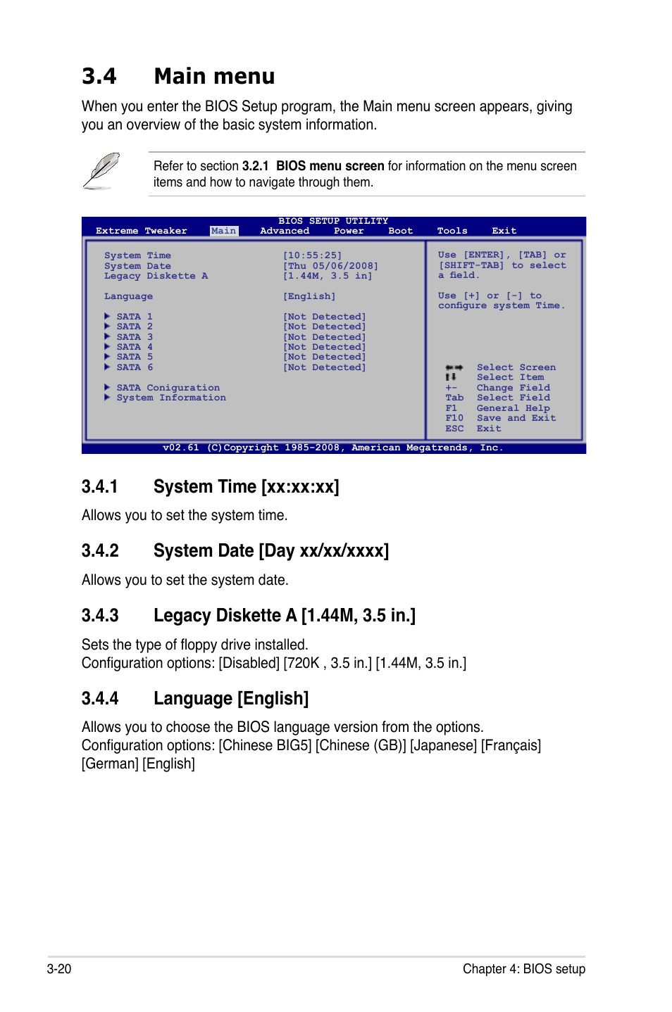 4 main menu, 1 system time [xx:xx:xx, 2 system date [day xx/xx/xxxx | 3 legacy diskette a [1.44m, 3.5 in, 4 language [english, Main menu -20 3.4.1, System time -20, System date -20, Legacy diskette a -20, Language -20 | Asus Maximus II Formula User Manual | Page 88 / 174