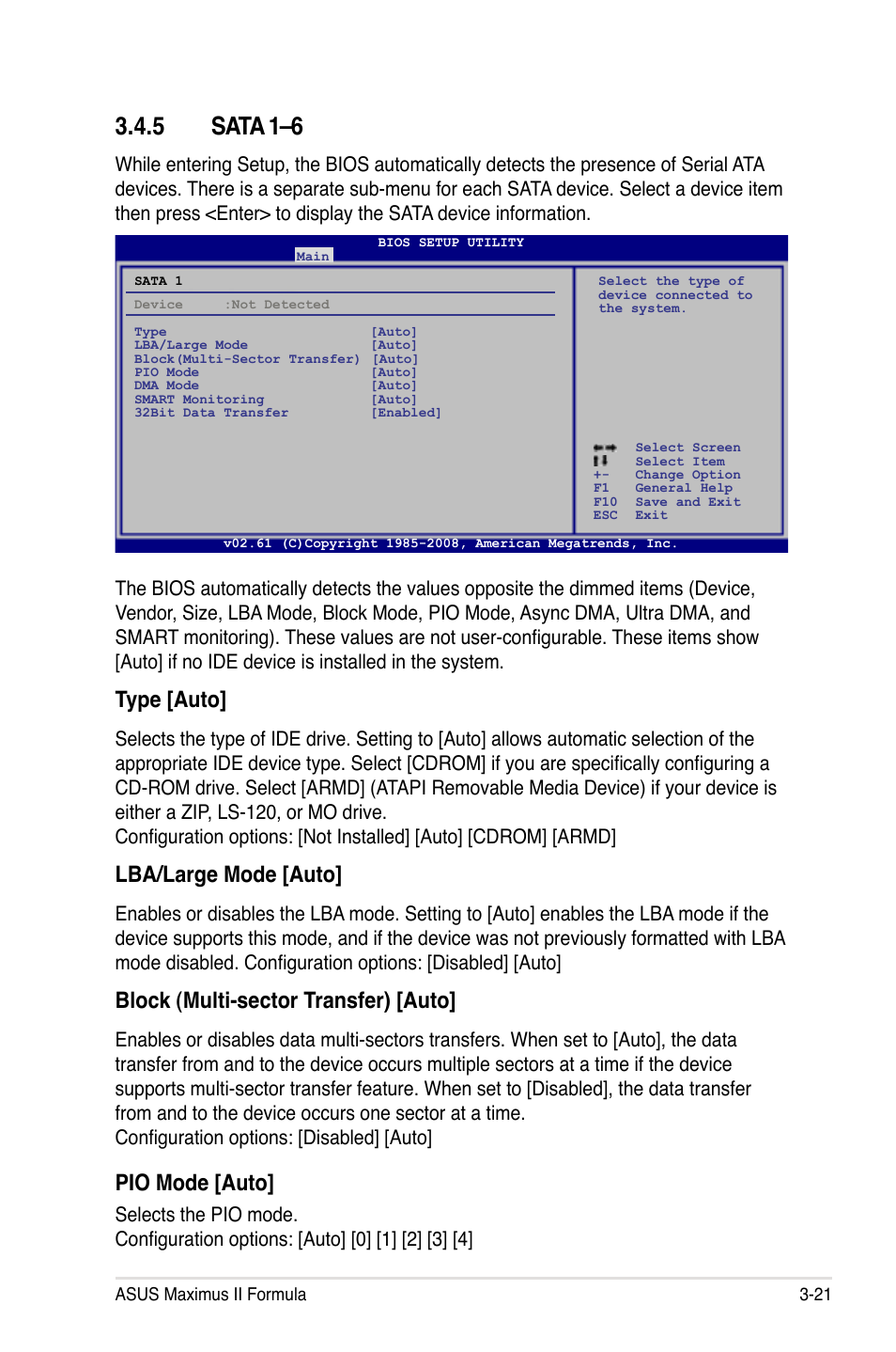 5 sata 1–6, Sata 1–6 -21, Type [auto | Lba/large mode [auto, Block (multi-sector transfer) [auto, Pio mode [auto | Asus Maximus II Formula User Manual | Page 89 / 174