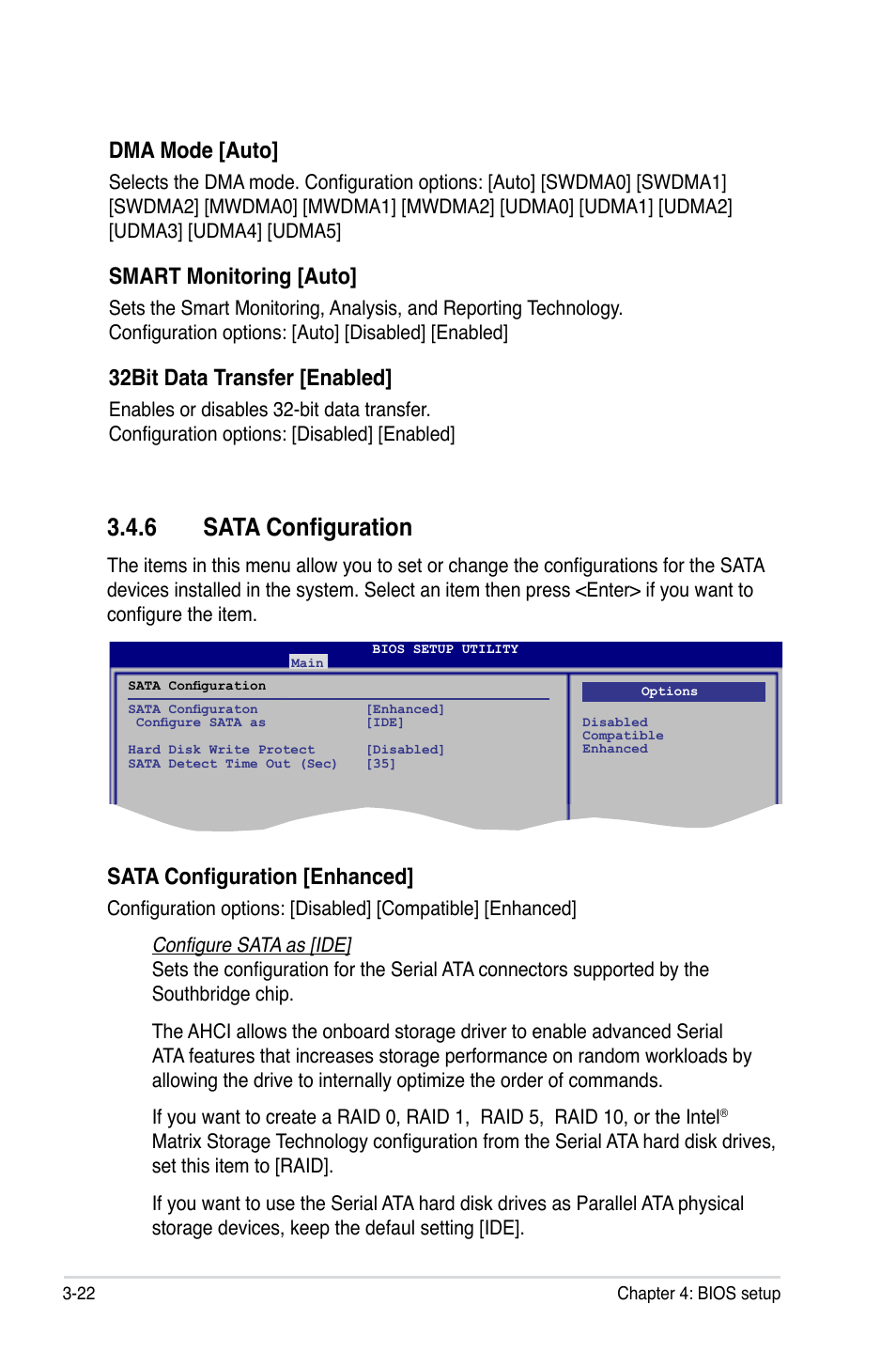 6 sata configuration, Sata configuration -22, Dma mode [auto | Smart monitoring [auto, 32bit data transfer [enabled, Sata configuration [enhanced | Asus Maximus II Formula User Manual | Page 90 / 174