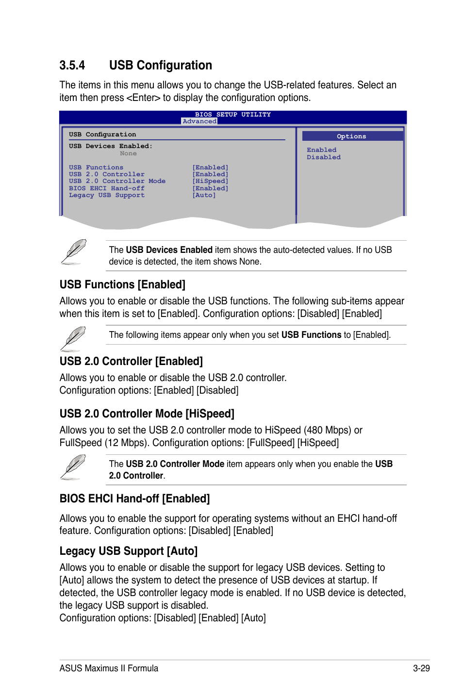 4 usb configuration, Usb configuration -29, Usb functions [enabled | Usb 2.0 controller [enabled, Usb 2.0 controller mode [hispeed, Bios ehci hand-off [enabled, Legacy usb support [auto | Asus Maximus II Formula User Manual | Page 97 / 174