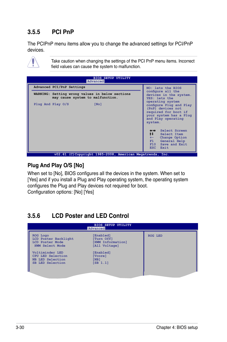 5 pci pnp, 6 lcd poster and led control, Pci pnp -30 | Lcd poster and led control -30, Plug and play o/s [no | Asus Maximus II Formula User Manual | Page 98 / 174