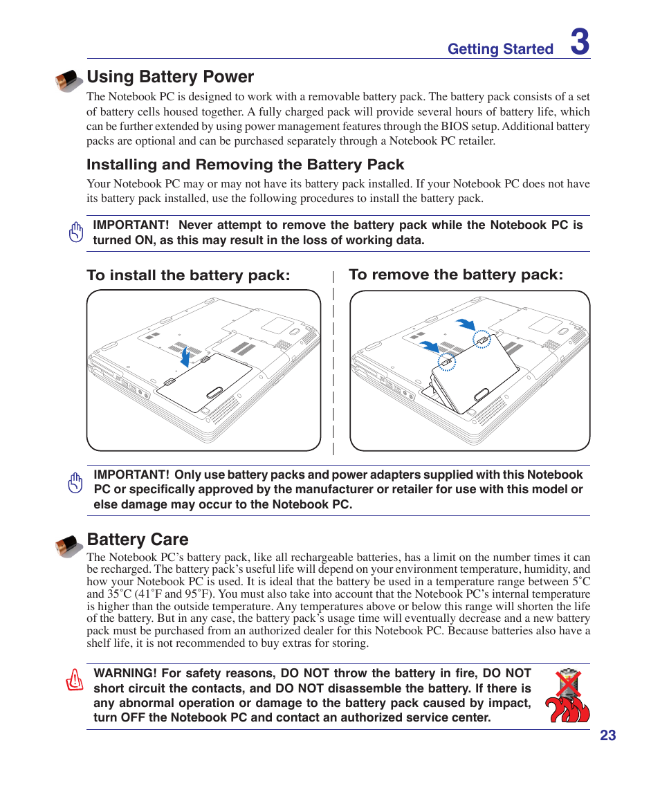 Using battery power, Battery care | Asus T12Fg User Manual | Page 23 / 70