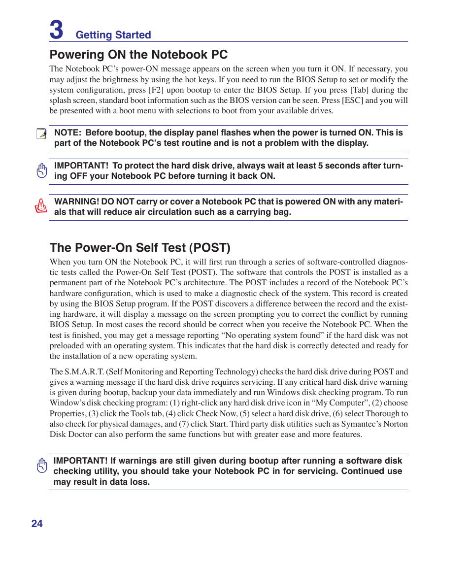 Powering on the notebook pc, The power-on self test (post) | Asus T12Fg User Manual | Page 24 / 70