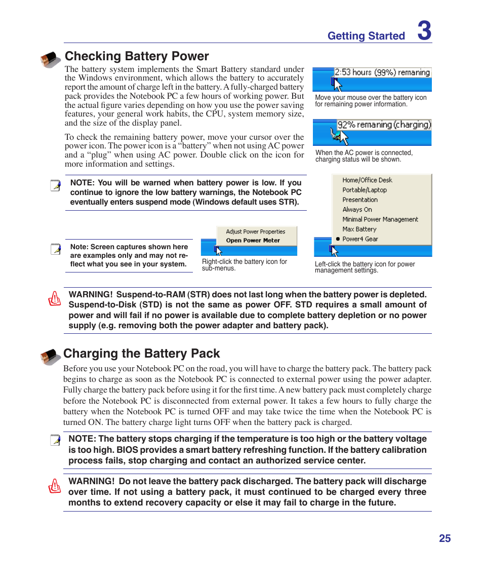 Checking battery power, Charging the battery pack, 25 getting started | Asus T12Fg User Manual | Page 25 / 70