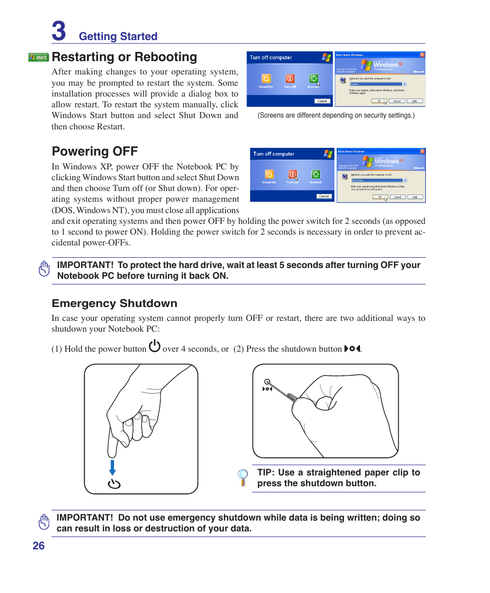 Restarting or rebooting, Powering off | Asus T12Fg User Manual | Page 26 / 70