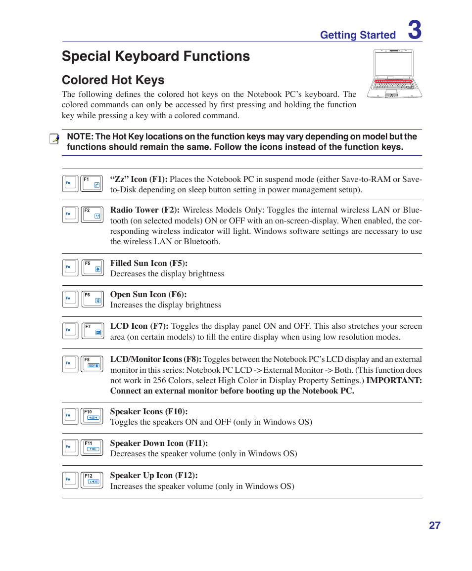 Special keyboard functions, Colored hot keys | Asus T12Fg User Manual | Page 27 / 70