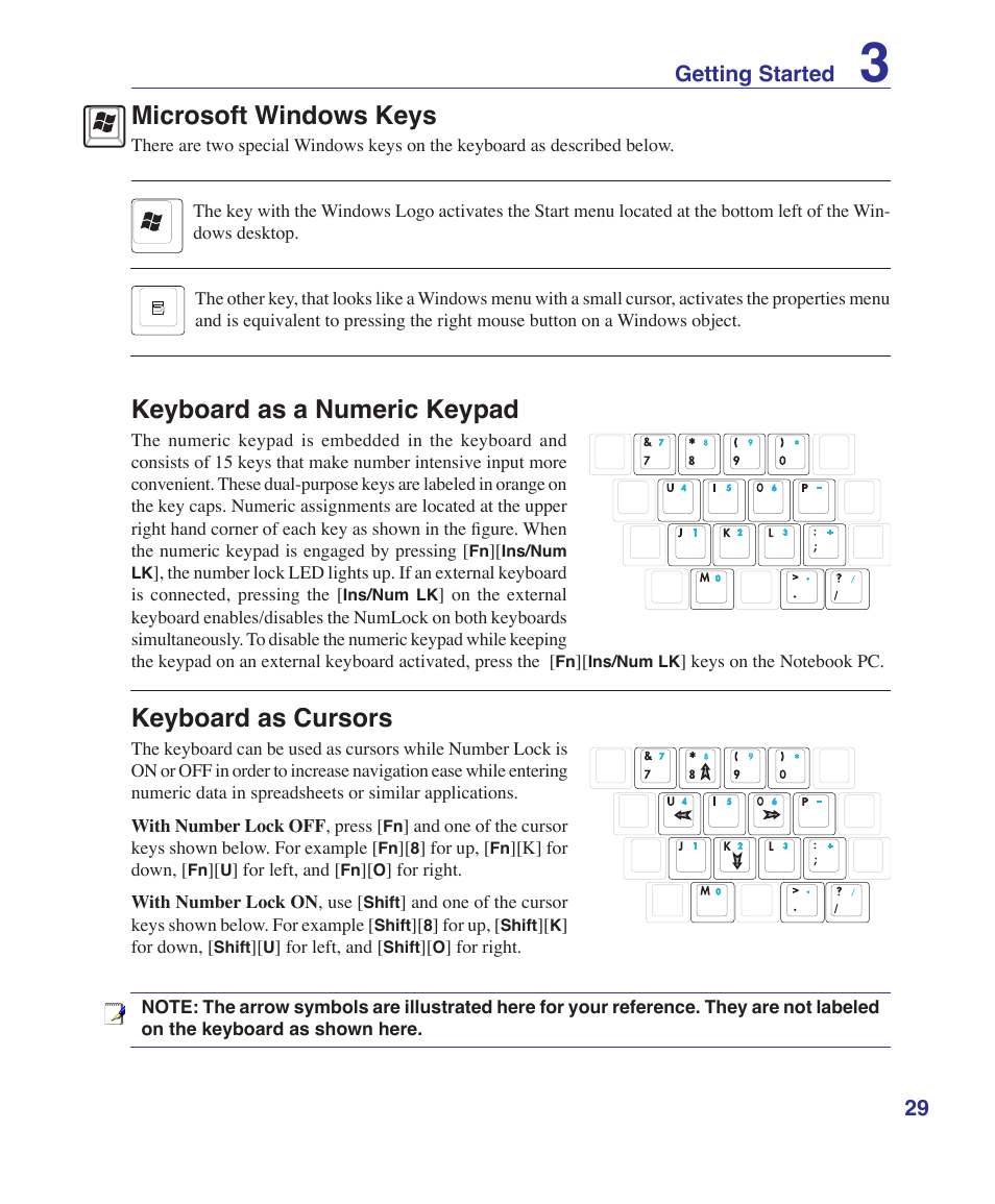 Microsoft windows keys, Keyboard as a numeric keypad, Keyboard as cursors | 2 getting started | Asus T12Fg User Manual | Page 29 / 70