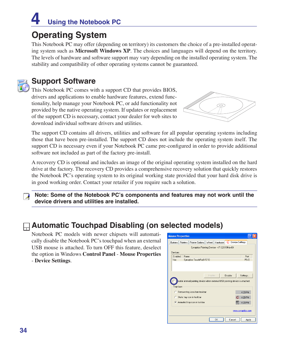 Operating system, Support software, Automatic touchpad disabling (on selected models) | Asus T12Fg User Manual | Page 34 / 70